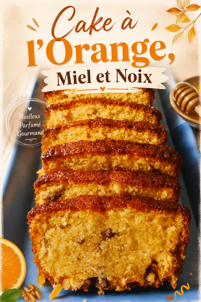 Cake à l’orange, miel et noix coupé en tranches, moelleux et doré, servi avec un sirop parfumé à l’orange.