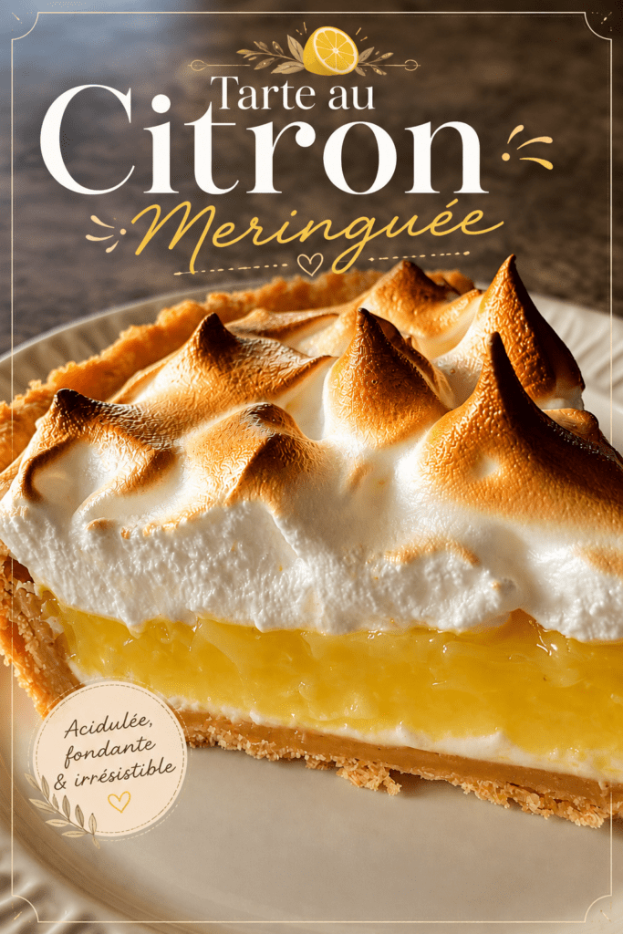 Tarte au citron meringuée maison avec crème citron lisse, meringue dorée au chalumeau et pâte sablée croustillante.