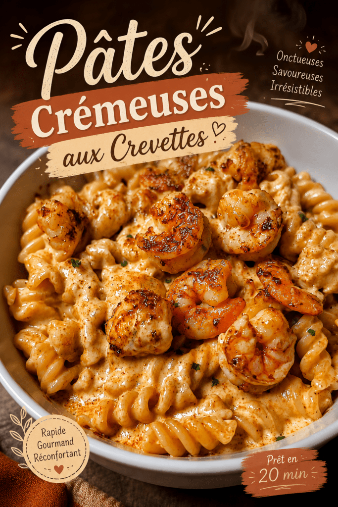 Assiette de pâtes crémeuses aux crevettes cajun avec crevettes dorées, sauce onctueuse, fromage fondu et persil frais.