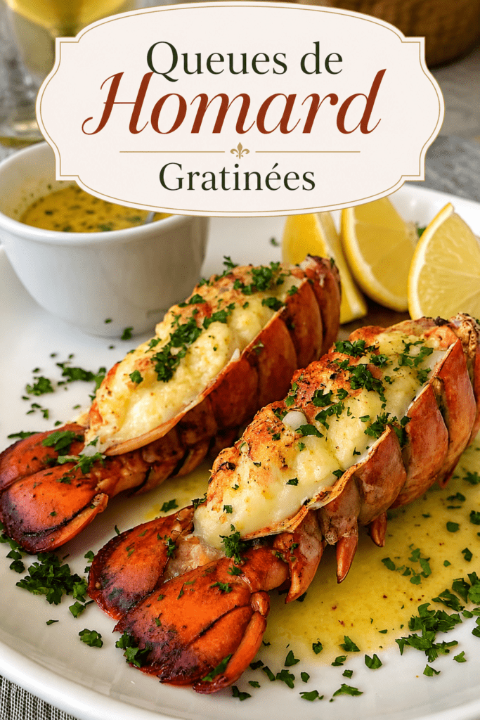 Queues de homard grillées au four, chair dorée et nappée de beurre citronné à l’ail, servies avec du persil frais et des quartiers de citron.