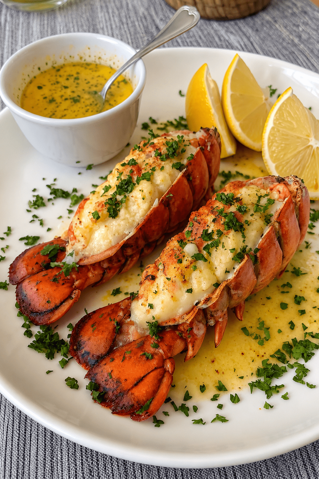 Queues de homard grillées au four, chair dorée et nappée de beurre citronné à l’ail, servies avec du persil frais et des quartiers de citron.