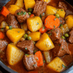 Ragoût de bœuf mijoté avec pommes de terre fondantes, carottes, petits pois et sauce tomate parfumée, servi chaud dans une cocotte familiale.