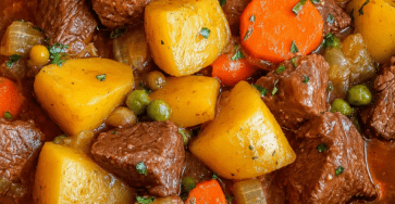 Ragoût de bœuf mijoté avec pommes de terre fondantes, carottes, petits pois et sauce tomate parfumée, servi chaud dans une cocotte familiale.
