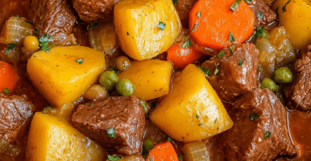 Ragoût de bœuf mijoté avec pommes de terre fondantes, carottes, petits pois et sauce tomate parfumée, servi chaud dans une cocotte familiale.