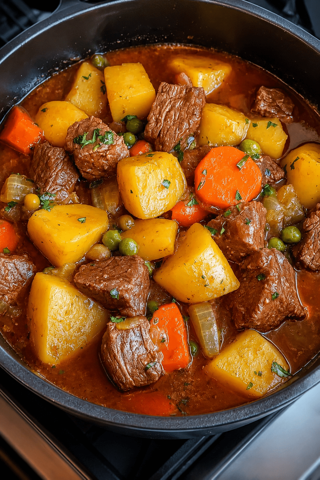 Ragoût de bœuf mijoté avec pommes de terre fondantes, carottes, petits pois et sauce tomate parfumée, servi chaud dans une cocotte familiale.