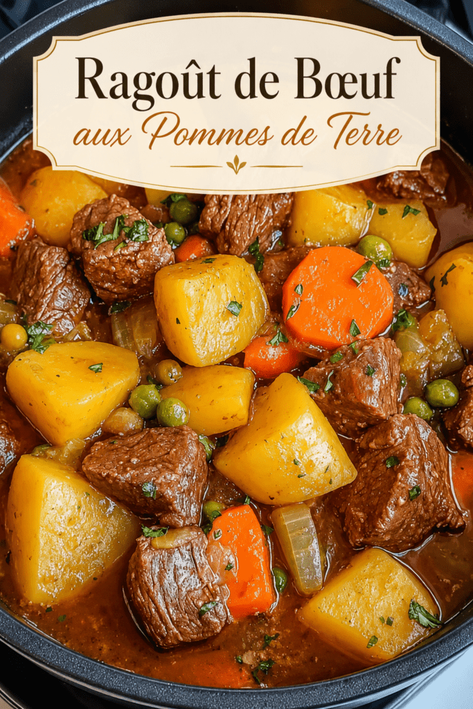 Ragoût de bœuf mijoté avec pommes de terre fondantes, carottes, petits pois et sauce tomate parfumée, servi chaud dans une cocotte familiale.