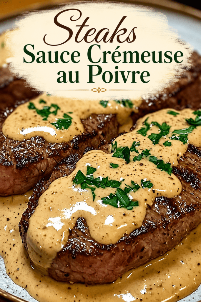 Steaks de bœuf grillés nappés d’une sauce crémeuse au poivre, servis chauds avec du persil frais et une sauce onctueuse façon restaurant.