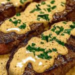 Steaks de bœuf grillés nappés d’une sauce crémeuse au poivre, servis chauds avec du persil frais et une sauce onctueuse façon restaurant.