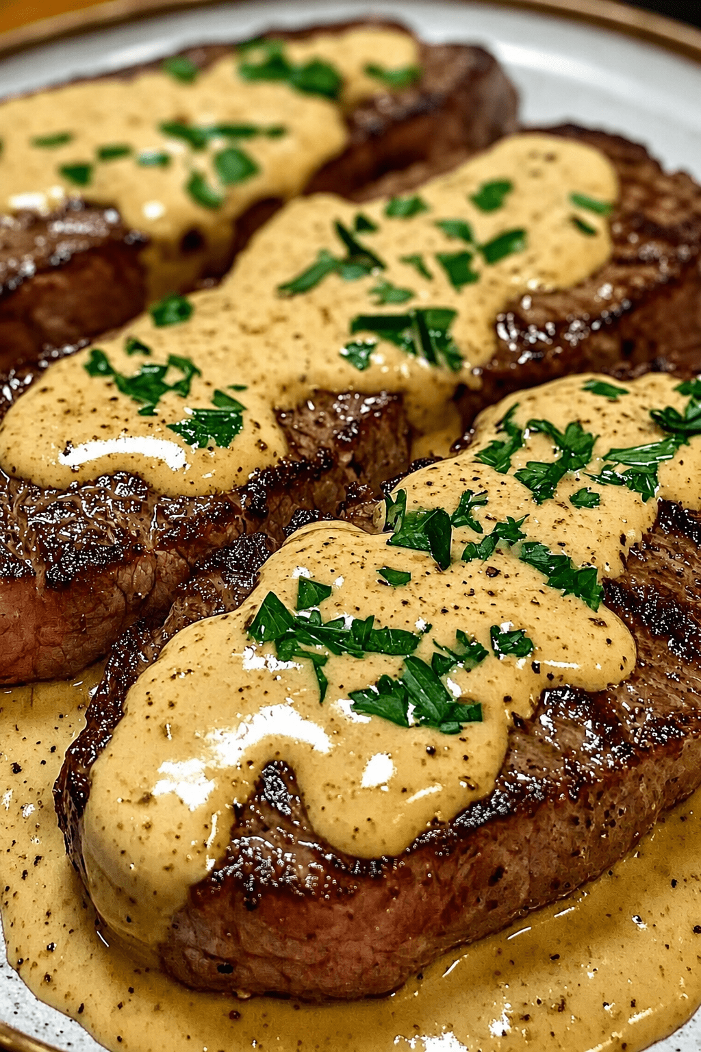 Steaks de bœuf grillés nappés d’une sauce crémeuse au poivre, servis chauds avec du persil frais et une sauce onctueuse façon restaurant.