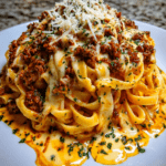 Tagliatelles bolognaises crémeuses servies avec une sauce tomate au bœuf haché, mozzarella fondue, parmesan râpé et persil frais.