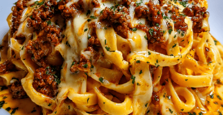 Tagliatelles bolognaises crémeuses servies avec une sauce tomate au bœuf haché, mozzarella fondue, parmesan râpé et persil frais.