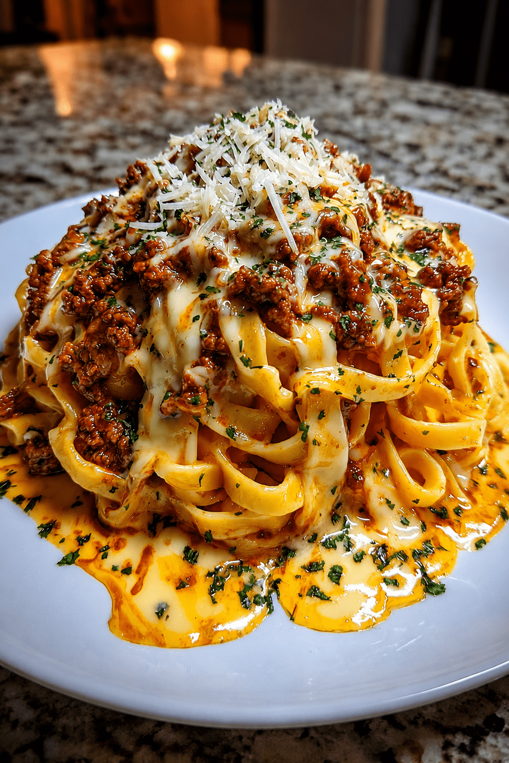 Tagliatelles bolognaises crémeuses servies avec une sauce tomate au bœuf haché, mozzarella fondue, parmesan râpé et persil frais.