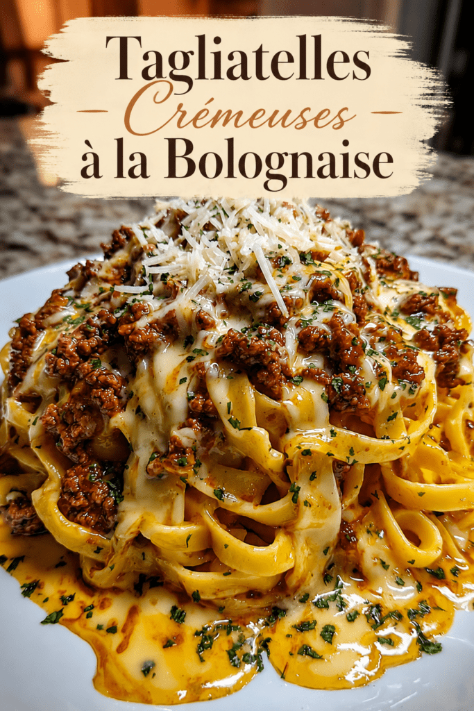 Tagliatelles bolognaises crémeuses servies avec une sauce tomate au bœuf haché, mozzarella fondue, parmesan râpé et persil frais.
