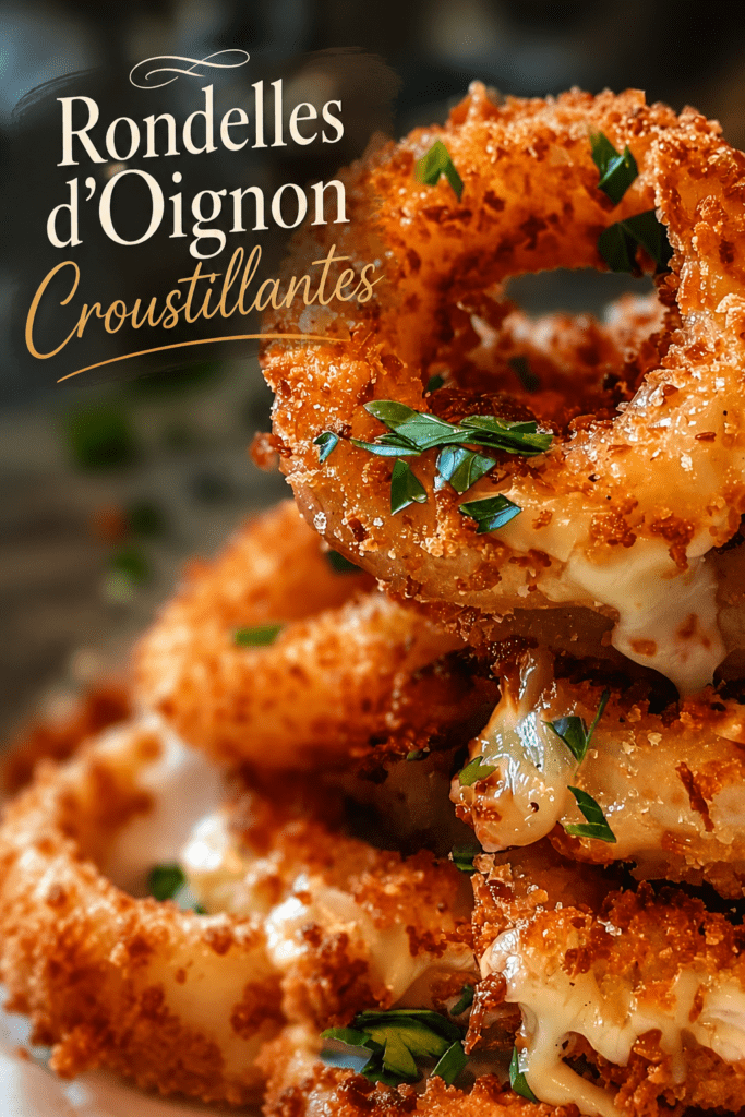 Onion rings farcis au fromage mozzarella, dorés et croustillants, servis chauds avec une sauce crémeuse maison et du persil frais.