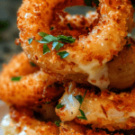 Onion rings farcis au fromage mozzarella, dorés et croustillants, servis chauds avec une sauce crémeuse maison et du persil frais.