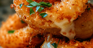 Onion rings farcis au fromage mozzarella, dorés et croustillants, servis chauds avec une sauce crémeuse maison et du persil frais.