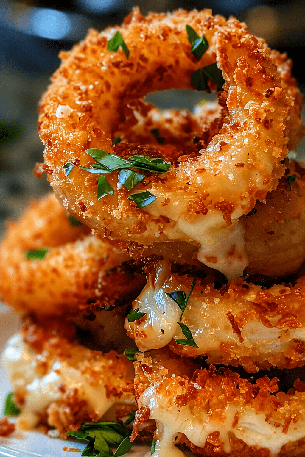 Onion rings farcis au fromage mozzarella, dorés et croustillants, servis chauds avec une sauce crémeuse maison et du persil frais.