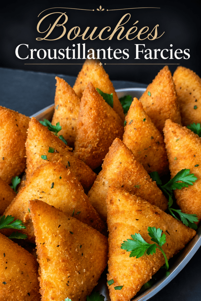 Samoussas croustillants au fromage, dorés à la poêle, garnis d’une farce fondante à la mozzarella et au fromage frais, servis avec du persil.