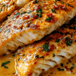 Filets de poisson blanc dorés à la poêle, nappés d’une sauce crémeuse au citron et à l’ail, servis avec persil frais et poivron rouge.