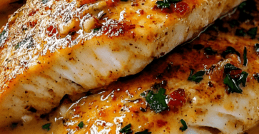 Filets de poisson blanc dorés à la poêle, nappés d’une sauce crémeuse au citron et à l’ail, servis avec persil frais et poivron rouge.