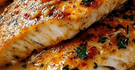 Filets de poisson blanc dorés à la poêle, nappés d’une sauce crémeuse au citron et à l’ail, servis avec persil frais et poivron rouge.