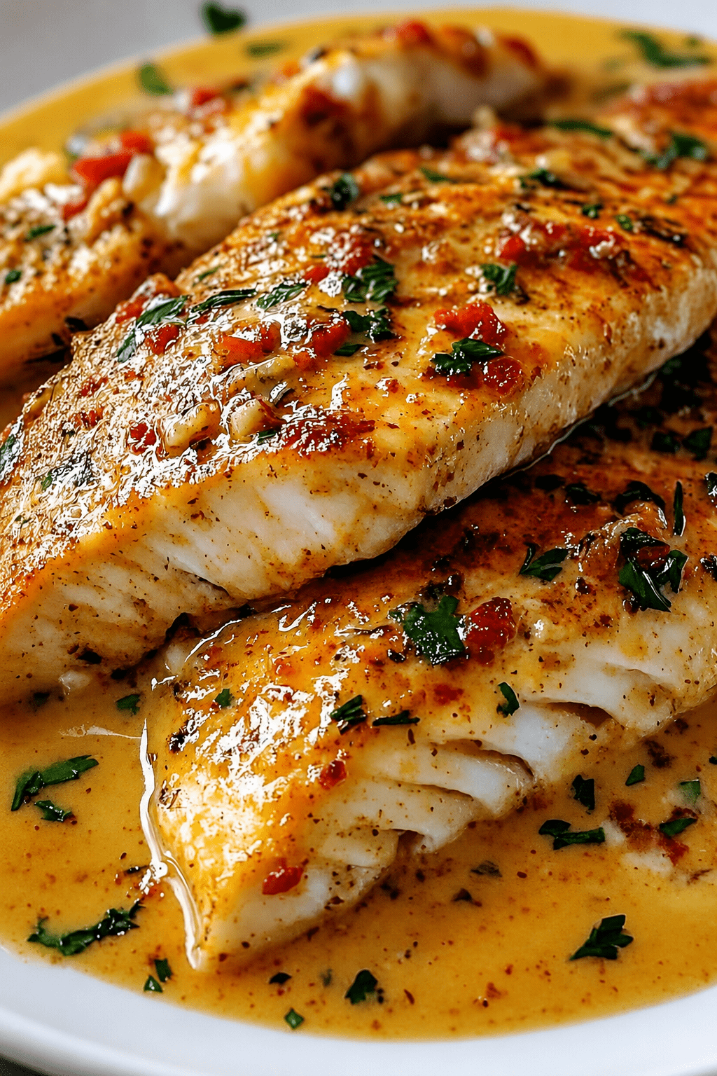 Filets de poisson blanc dorés à la poêle, nappés d’une sauce crémeuse au citron et à l’ail, servis avec persil frais et poivron rouge.