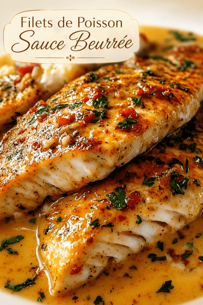 Filets de poisson blanc dorés à la poêle, nappés d’une sauce crémeuse au citron et à l’ail, servis avec persil frais et poivron rouge.