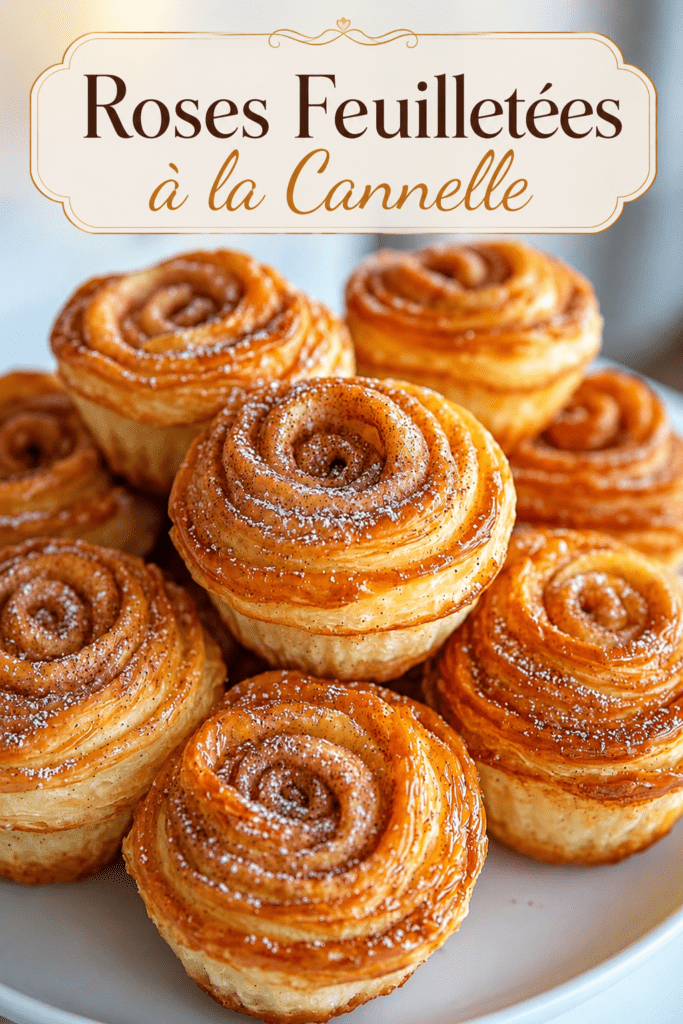 Feuilletés roulés en forme de roses, dorés et croustillants, parfumés au sucre et à la cannelle, saupoudrés de sucre glace.