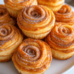 Feuilletés roulés en forme de roses, dorés et croustillants, parfumés au sucre et à la cannelle, saupoudrés de sucre glace.