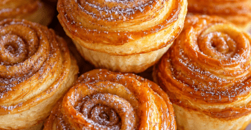 Feuilletés roulés en forme de roses, dorés et croustillants, parfumés au sucre et à la cannelle, saupoudrés de sucre glace.