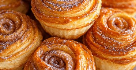Feuilletés roulés en forme de roses, dorés et croustillants, parfumés au sucre et à la cannelle, saupoudrés de sucre glace.