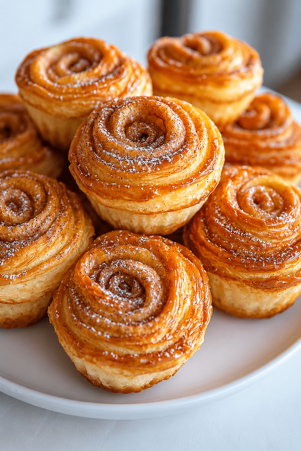 Feuilletés roulés en forme de roses, dorés et croustillants, parfumés au sucre et à la cannelle, saupoudrés de sucre glace.