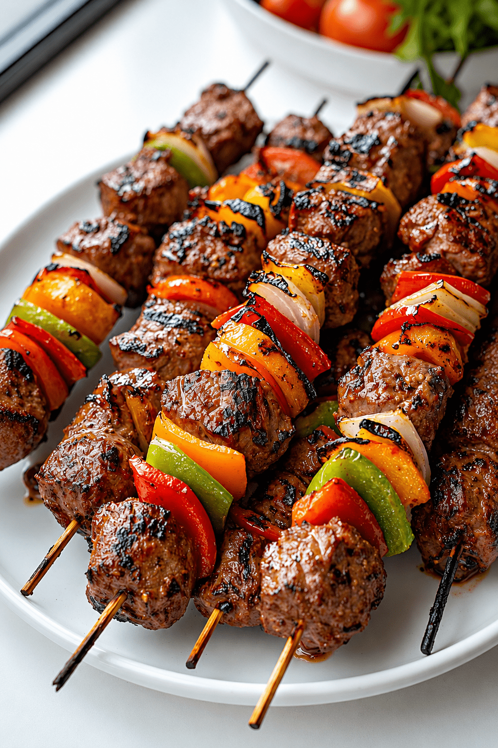 Brochettes de bœuf grillées avec poivrons rouges, jaunes et verts, oignons et marinade parfumée, servies avec du persil frais.
