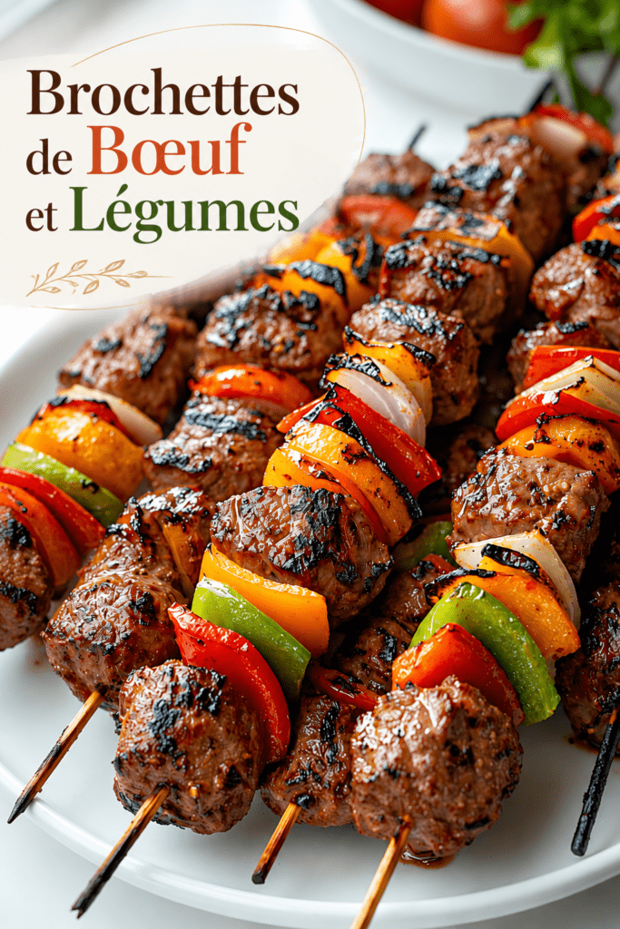 Brochettes de bœuf grillées avec poivrons rouges, jaunes et verts, oignons et marinade parfumée, servies avec du persil frais.