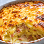 Gratin de pommes de terre crémeux au jambon et fromage, bien doré au four, servi dans un plat familial avec une texture fondante et généreuse.