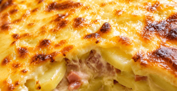 Gratin de pommes de terre crémeux au jambon et fromage, bien doré au four, servi dans un plat familial avec une texture fondante et généreuse.
