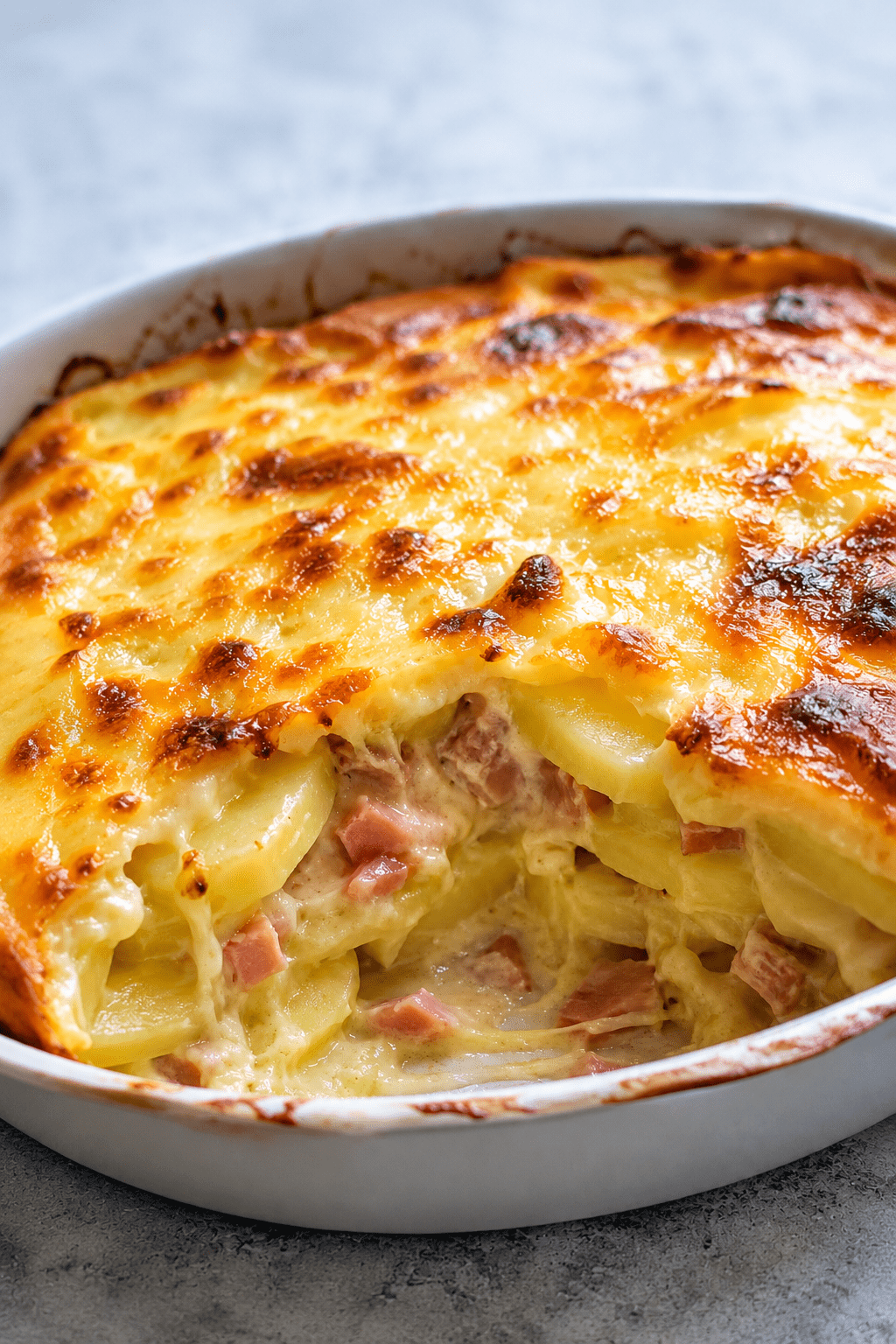 Gratin de pommes de terre crémeux au jambon et fromage, bien doré au four, servi dans un plat familial avec une texture fondante et généreuse.