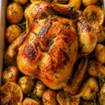 Poulet rôti au citron avec pommes de terre dorées et herbes aromatiques, servi dans un grand plat familial avec une peau croustillante et une viande tendre.