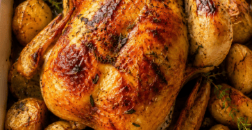 Poulet rôti au citron avec pommes de terre dorées et herbes aromatiques, servi dans un grand plat familial avec une peau croustillante et une viande tendre.
