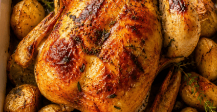 Poulet rôti au citron avec pommes de terre dorées et herbes aromatiques, servi dans un grand plat familial avec une peau croustillante et une viande tendre.