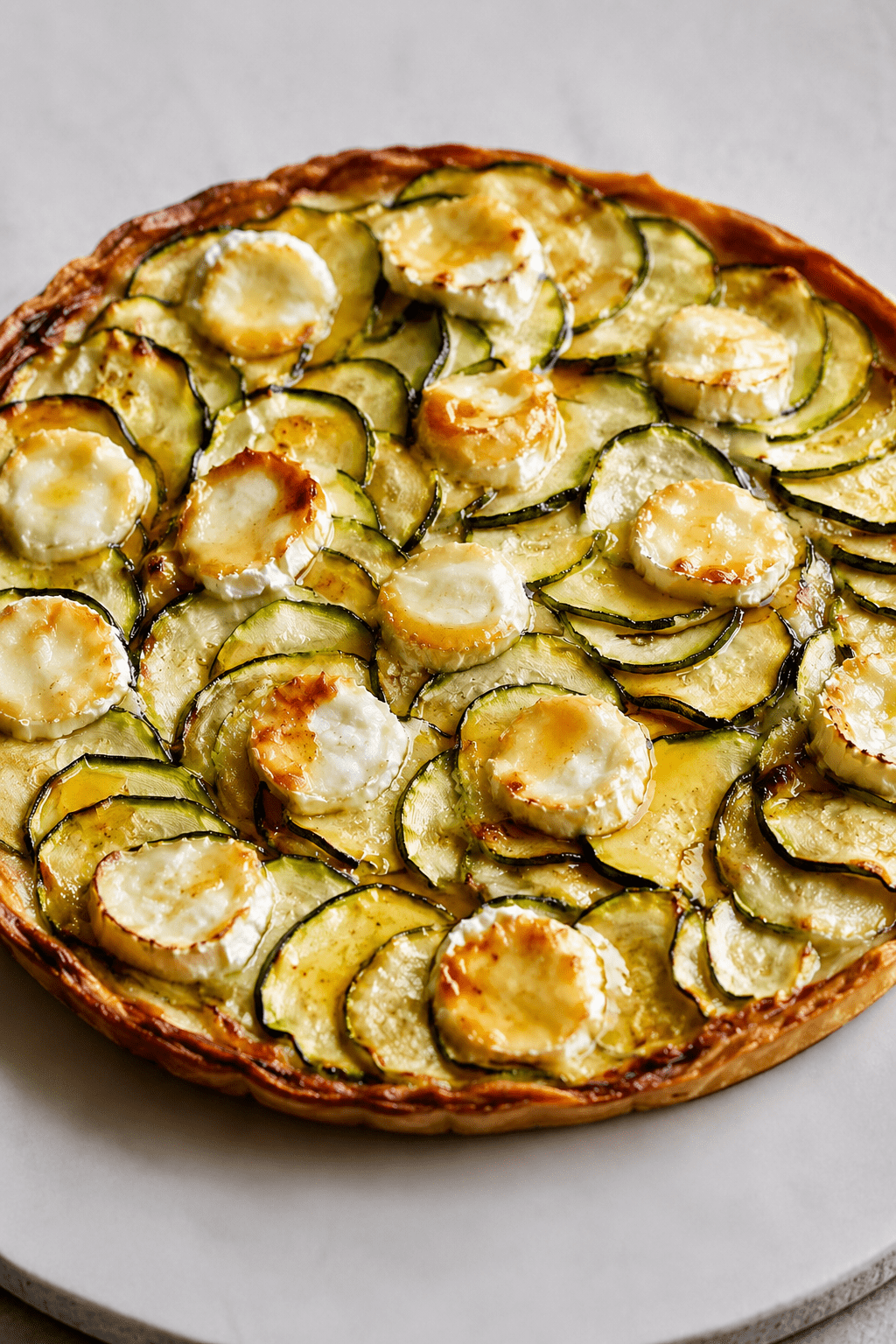 Tarte fine aux courgettes, chèvre et miel sur pâte feuilletée dorée, garnie de rondelles de courgettes, fromage de chèvre fondu et filet de miel.
