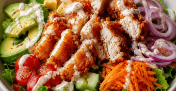 Salade complète au poulet croustillant avec salade verte, avocat, tomates, concombre, carotte râpée, oignon rouge et sauce crémeuse au yaourt.