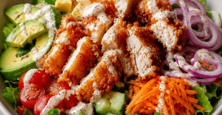 Salade complète au poulet croustillant avec salade verte, avocat, tomates, concombre, carotte râpée, oignon rouge et sauce crémeuse au yaourt.