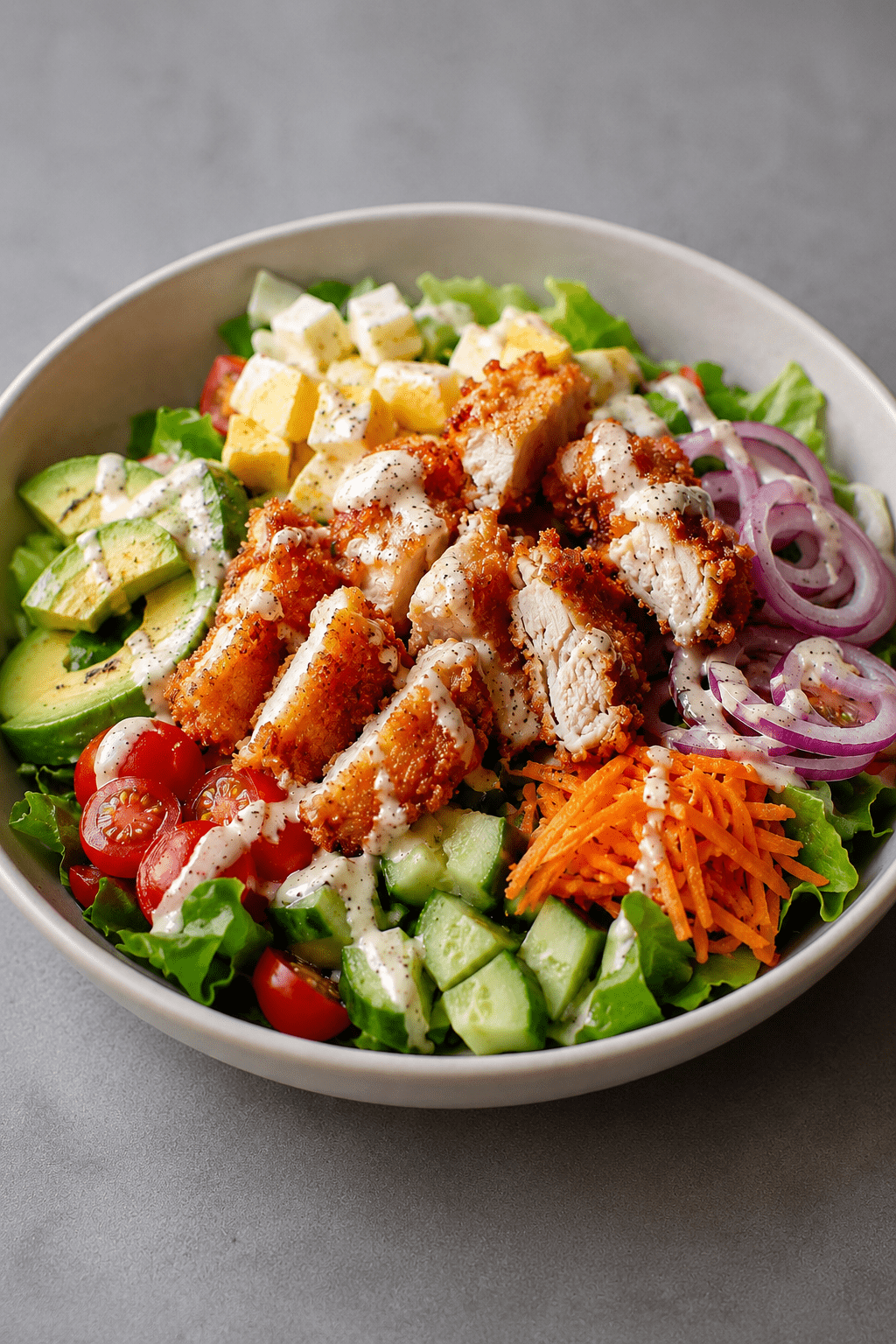 Salade complète au poulet croustillant avec salade verte, avocat, tomates, concombre, carotte râpée, oignon rouge et sauce crémeuse au yaourt.