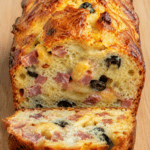 Cake salé jambon, olives et fromage coupé en tranches, avec une mie moelleuse, des morceaux d’olives, du jambon et du fromage fondu.