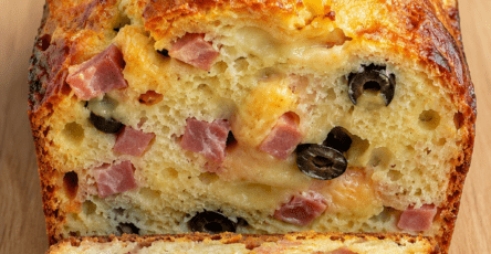 Cake salé jambon, olives et fromage coupé en tranches, avec une mie moelleuse, des morceaux d’olives, du jambon et du fromage fondu.