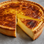 Flan pâtissier maison bien crémeux, épais et doré, posé sur une pâte croustillante avec une texture lisse et fondante à la vanille.