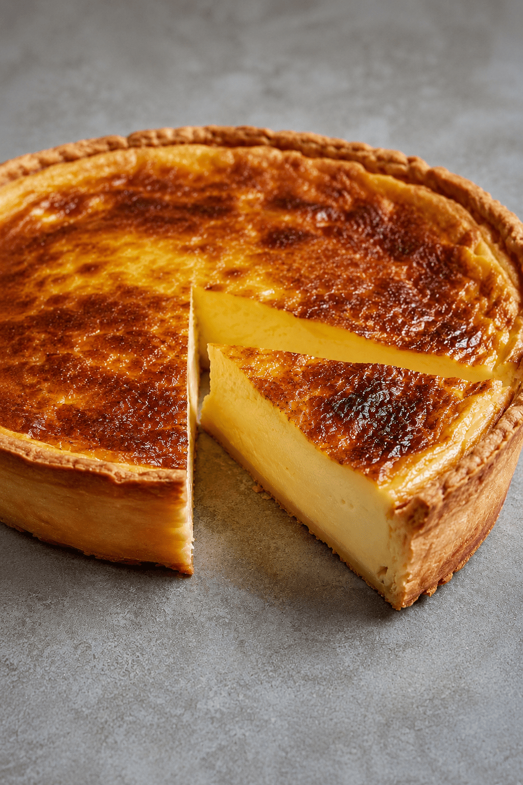 Flan pâtissier maison bien crémeux, épais et doré, posé sur une pâte croustillante avec une texture lisse et fondante à la vanille.