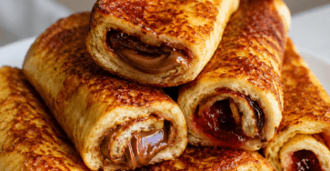 Pain perdu roulé au chocolat ou à la confiture, doré à la poêle, moelleux à l’intérieur et légèrement sucré, servi tiède pour le goûter.