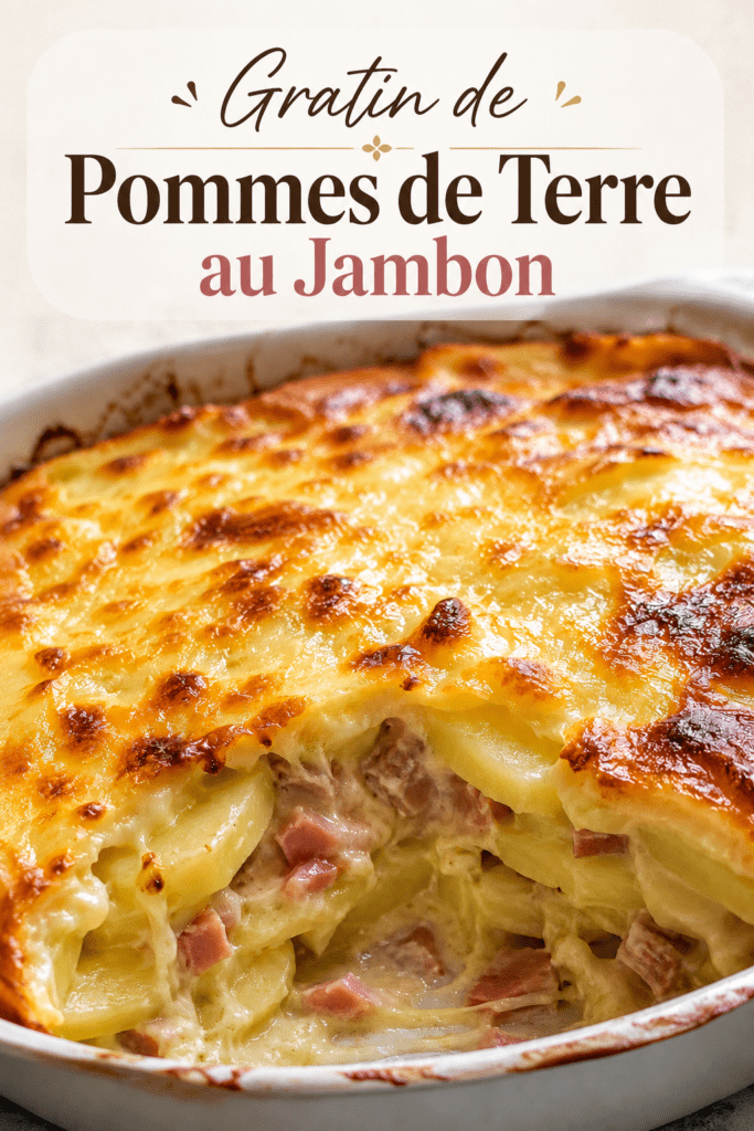 Gratin de pommes de terre crémeux au jambon et fromage, bien doré au four, servi dans un plat familial avec une texture fondante et généreuse.